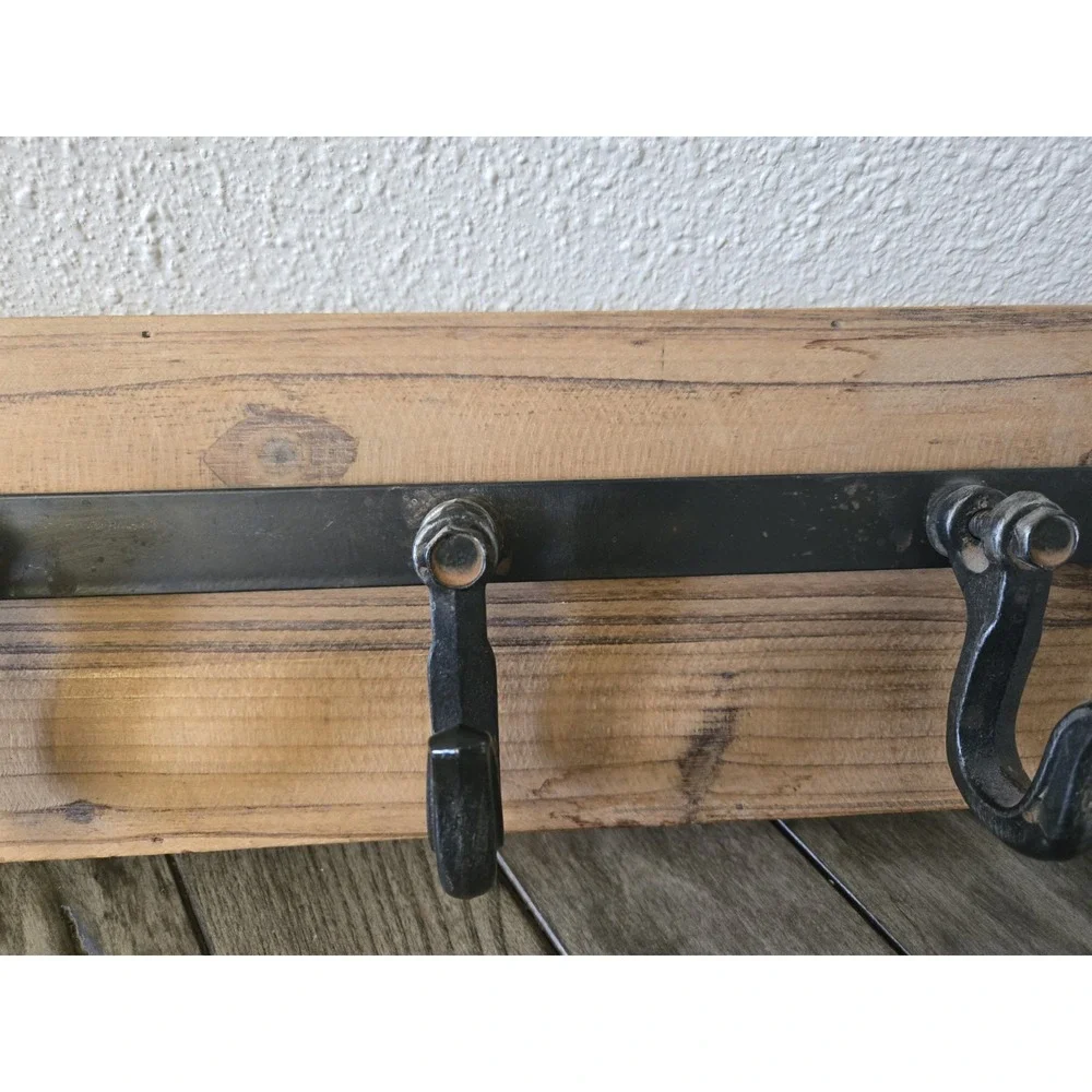 Rustic Farmhouse Wood 5 Hanger Wall Hook with Industrial Black Metal Hardware